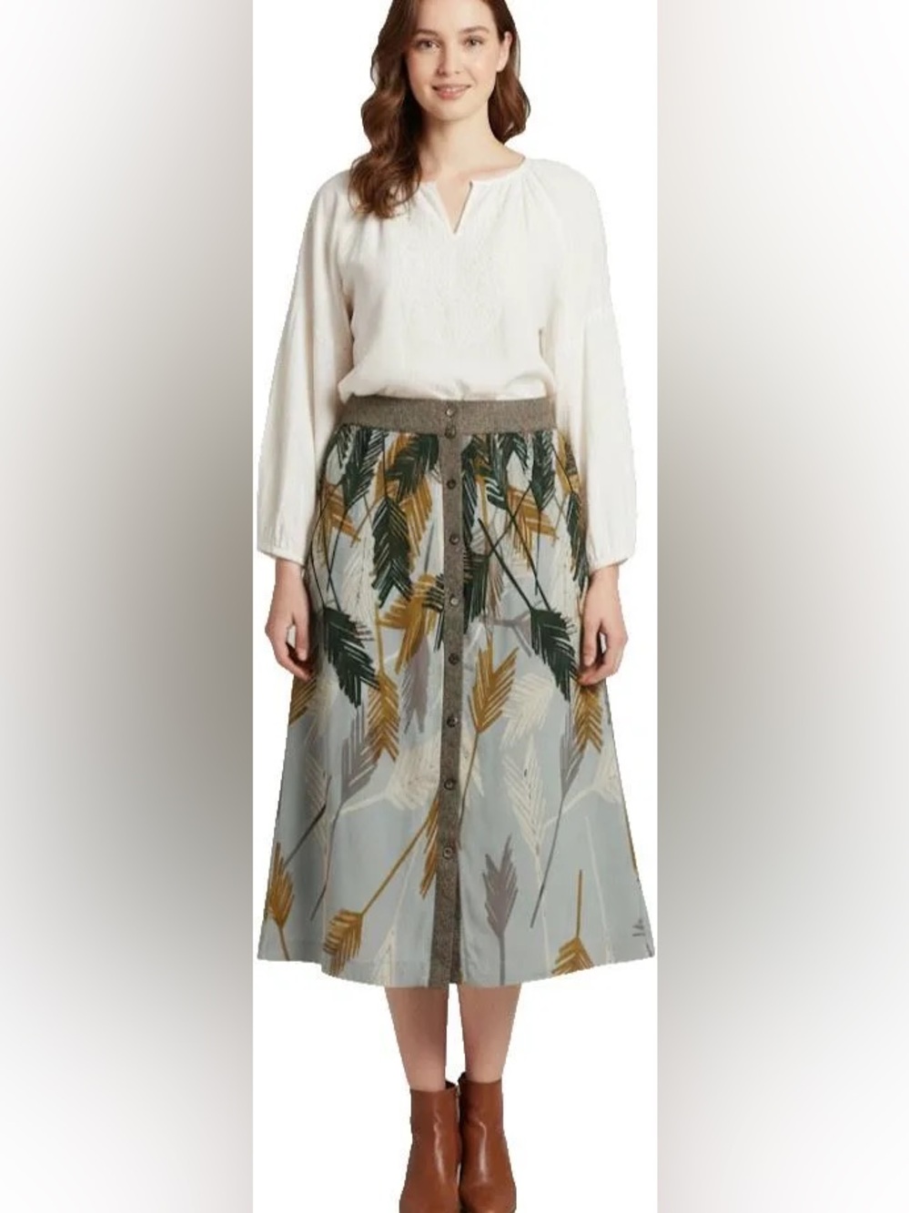 Anthropologie / Edme & Esyllte | Flurried Plumes Button Down Midi Skirt, size 10